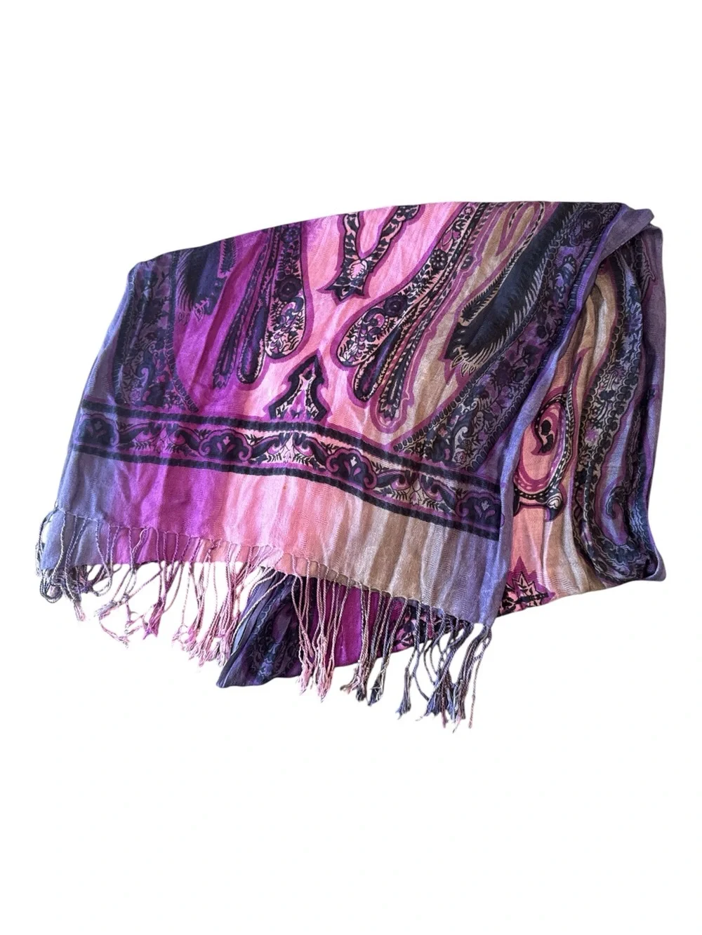 Boho Paisley Fringe Rayon Scarf Purple Pink Blue OS Made in India